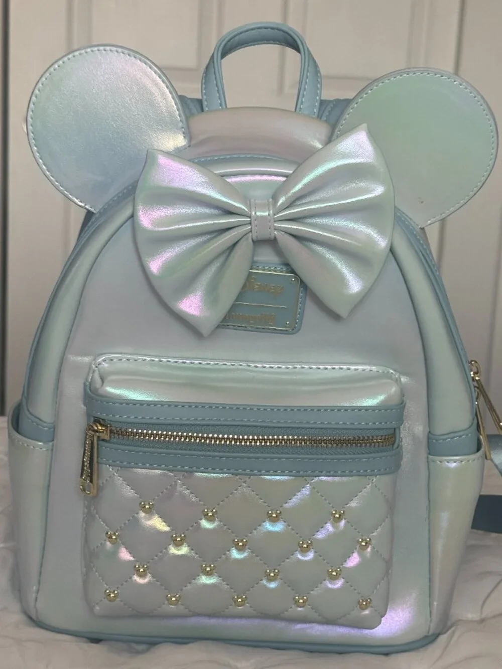 Loungefly Disney Minnie Mouse Iridescent Pearl Mini Backpack Blue Bow Ears